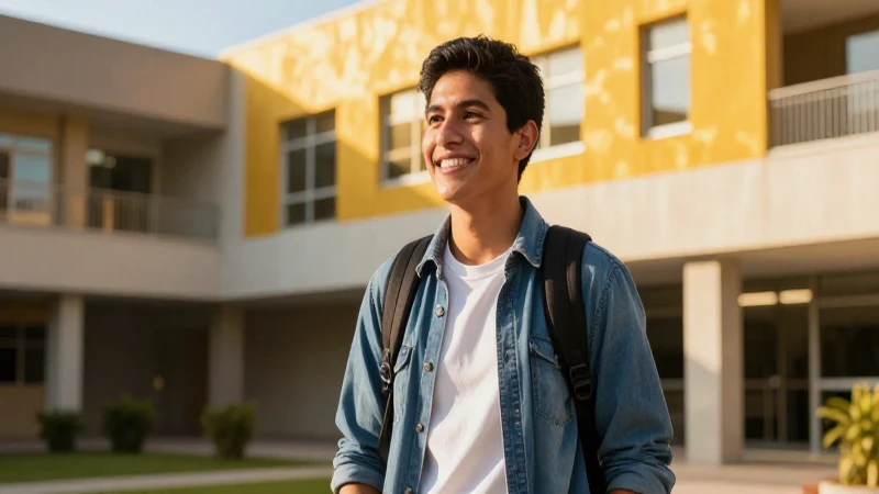 Estudiante mexicano sonriendo en campus soleado