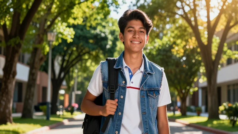 Joven mexicano en campus universitario dorado