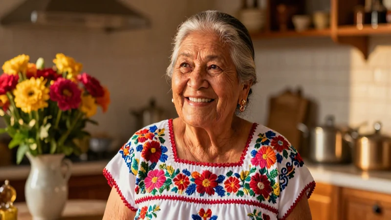Anciana mexicana feliz bajo luz dorada