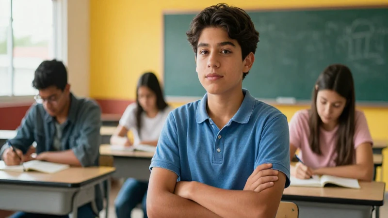 Estudiante mexicano confiado en un aula luminosa