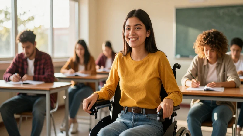 Estudiante mexicano sonríe con ayuda en aula moderna