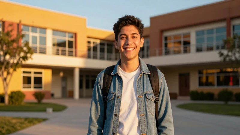 Joven mexicano sonriendo en campus moderno