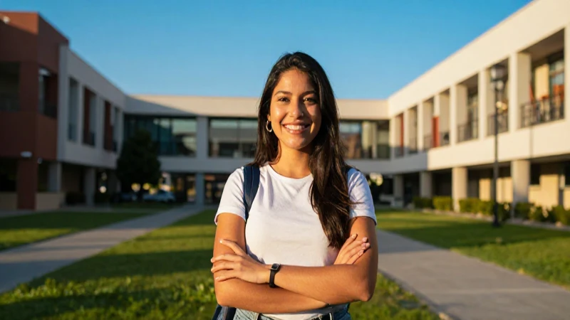 Estudiante mexicana sonriente en campus con estilo cinematográfico