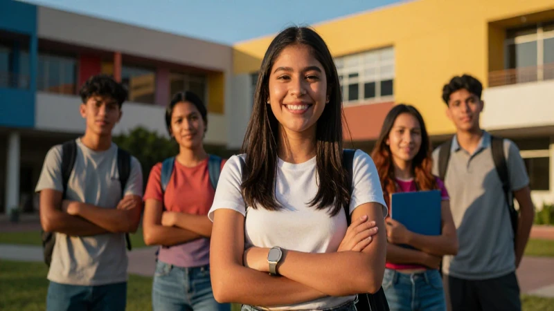 Retrato vibrante de estudiante mexicano sonriendo en el campus