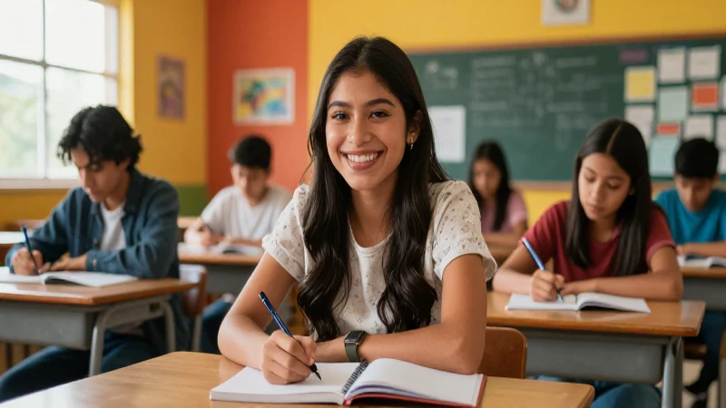 Mujer exitosa enseña en aula moderna mexicana