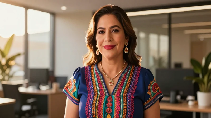 Madre mexicana poderosa en oficina con luz dorada