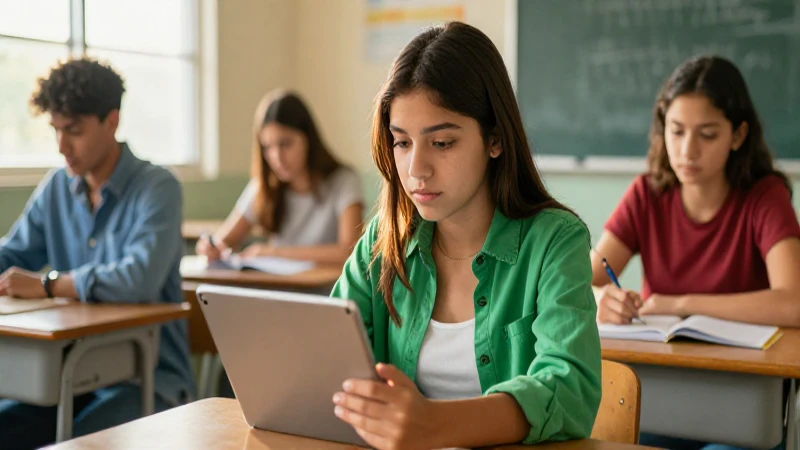 Estudiante mexicano enfocado en tablet bajo luz