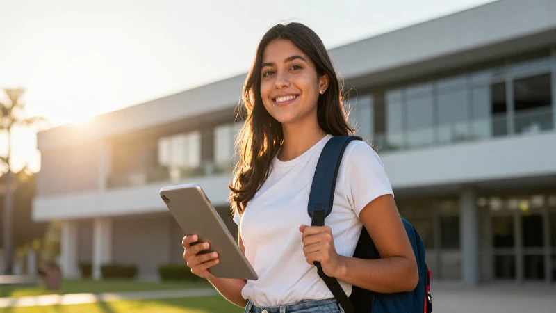 Estudiante mexicana vibrante en campus, luz dorada