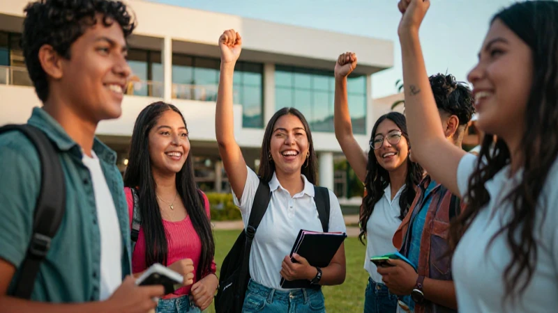 Estudiantes mexicanos celebrando éxito académico en campus moderno