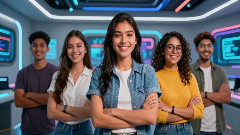 Estudiante mexicano sonríe en aula tecnológica moderna