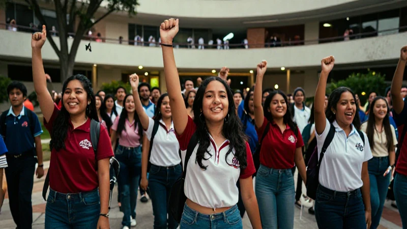 Estudiantes mexicanos celebrando un triunfal éxito
