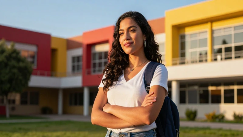 Estudiante mexicana confiada en campus universitario vibrante