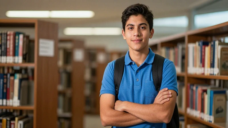 Estudiante mexicano moderno en biblioteca vibrante