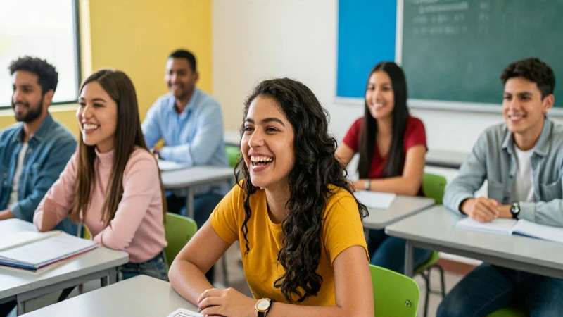 Estudiantes mexicanos sonriendo en un aula moderna