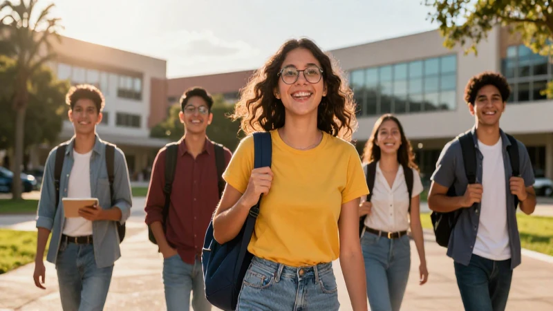Estudiante sonriente en campus con luz dorada