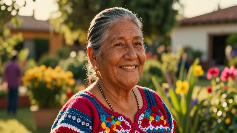 Mujer mexicana sonriente bajo luz dorada
