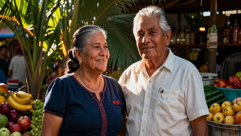 Pareja mexicana feliz en mercado tropical iluminado