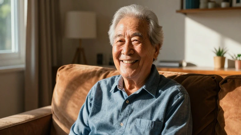 Anciano sonriente bajo cálida luz