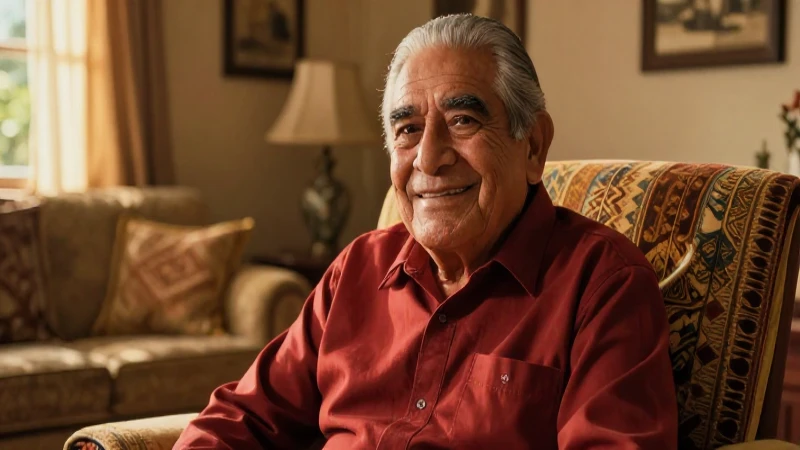 Abuelo mexicano sonríe en sala cálida