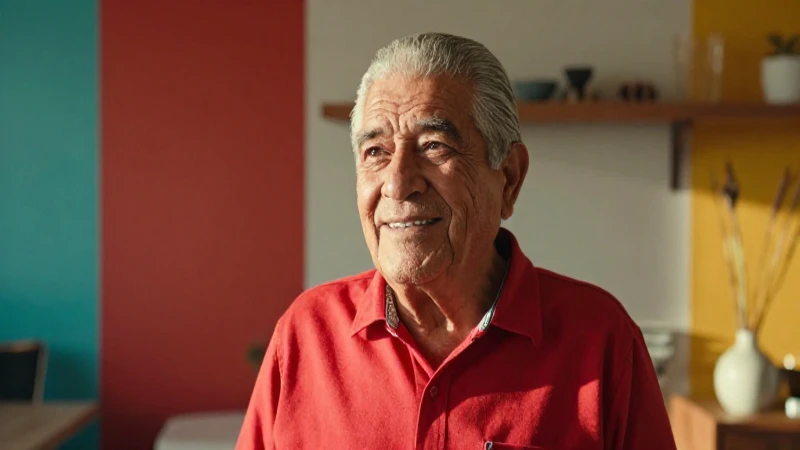 Hombre mexicano feliz en moderno interior, luz cálida