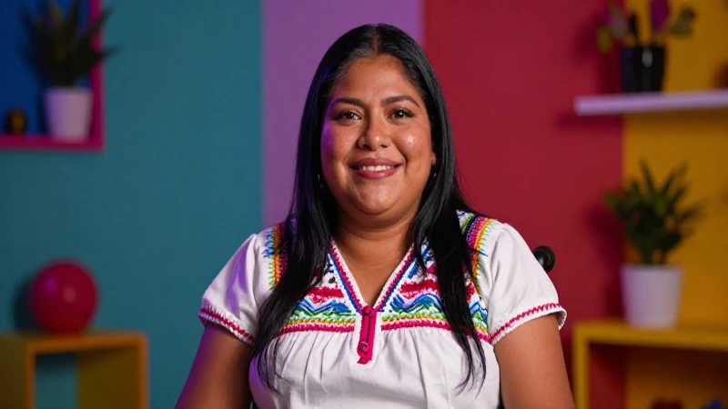 Mujer mexicana feliz con discapacidad en entorno moderno