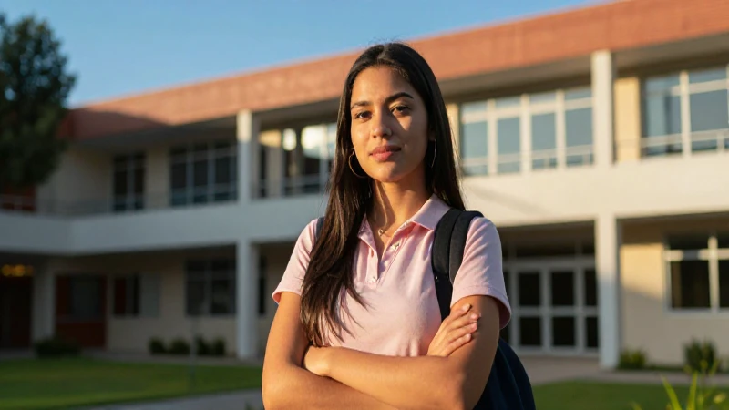Joven universitaria mexicana, confianza, campus moderno