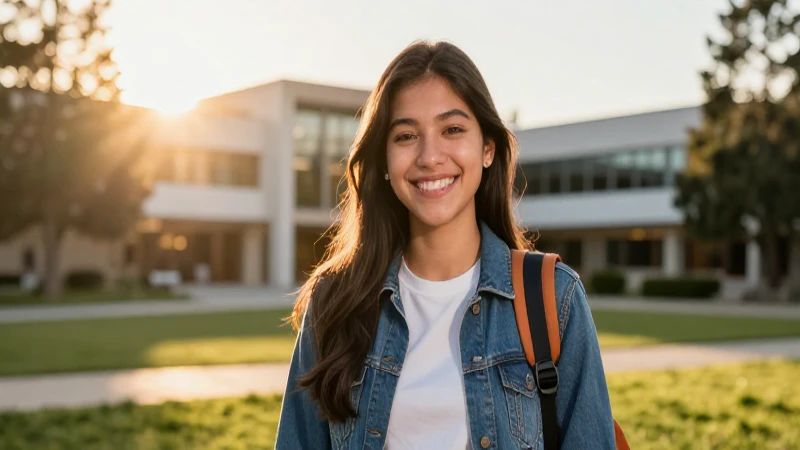 Estudiante atractivo en campus con luz dorada