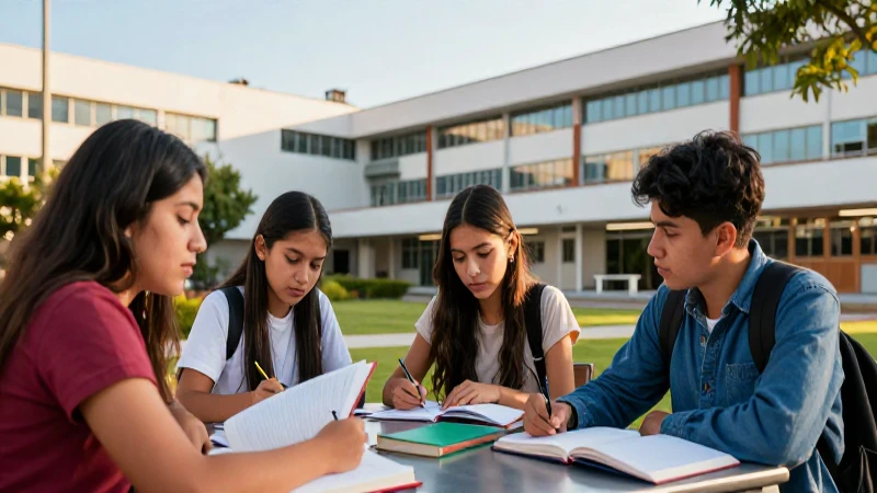 Jóvenes mexicanos en campus moderno al atardecer