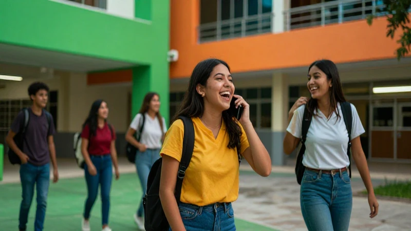 Estudiante sonriente en campus moderno vibrante