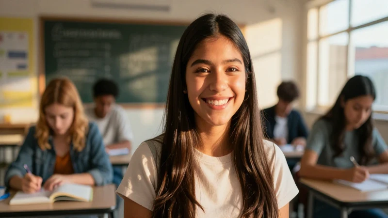 Estudiante mexicano sonríe en clase con luz dorada