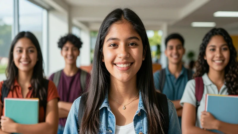 Estudiante sonriente mexicano en campus moderno