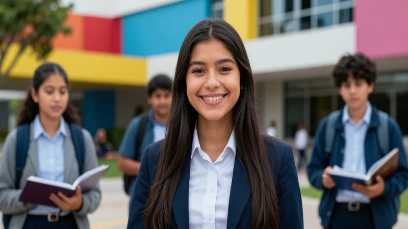 Estudiante mexicano sonriente en campus moderno