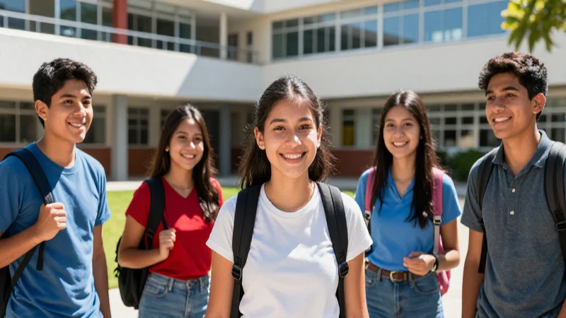 Estudiantes mexicanos sonriendo en un campus moderno y vibrante