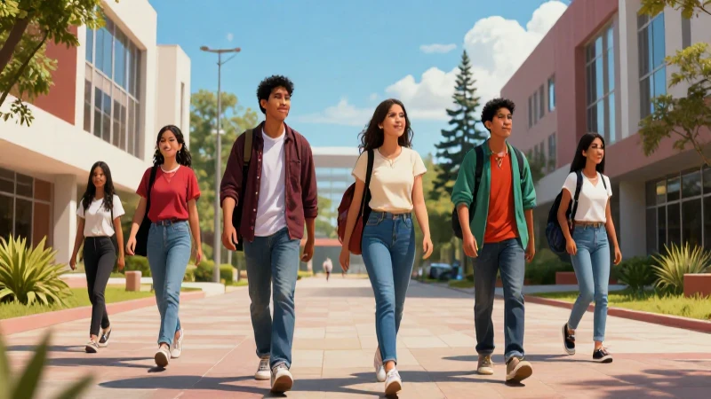 Estudiantes mexicanos diversos en campus moderno