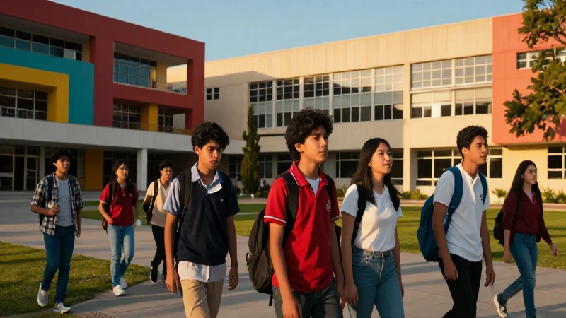 Estudiantes mexicanos en campus moderno y vibrante