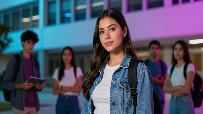 Estudiante universitaria mexicana atractiva en campus moderno