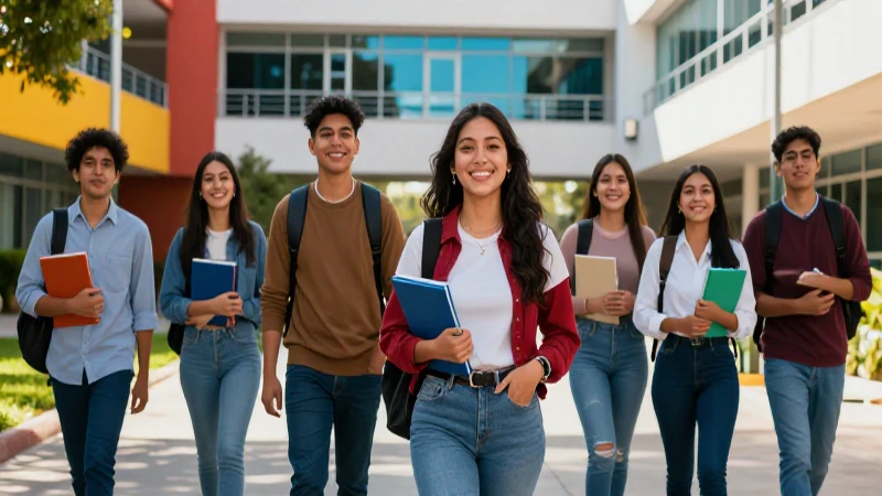 Estudiantes mexicanos entusiastas en campus moderno