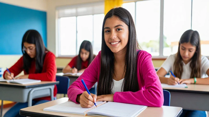 Joven mexicano sonriente estudia exitosamente en un aula vibrante