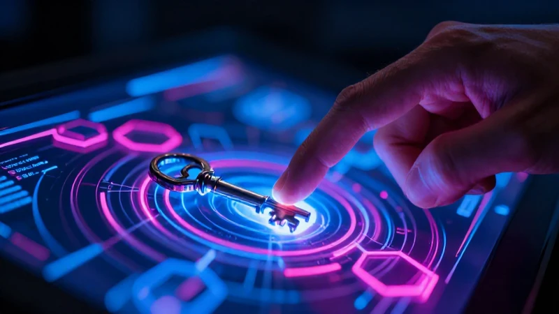 Mano sobre consola digital neón con datos