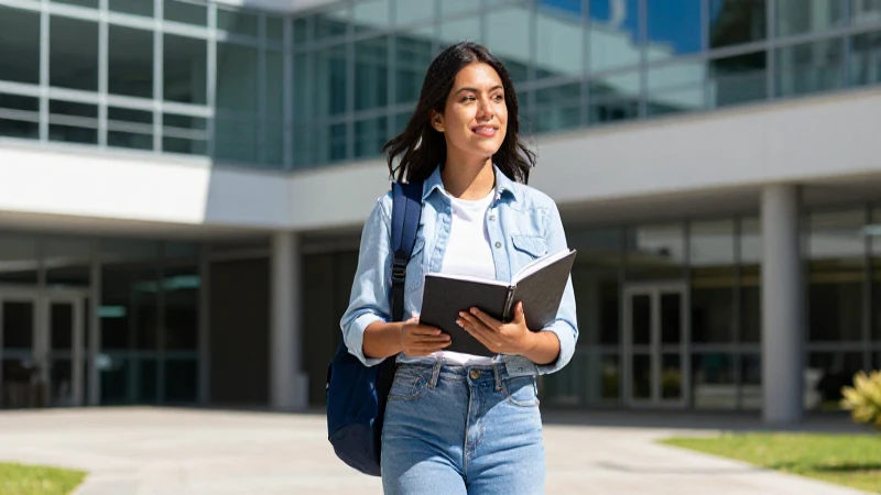 Estudiante mexicano camina con confianza en campus moderno