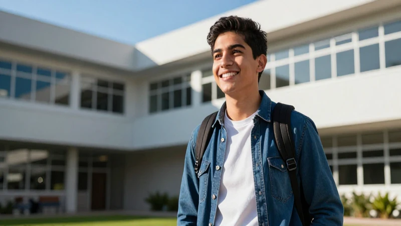 Joven mexicano sonriendo con esperanza en el campus