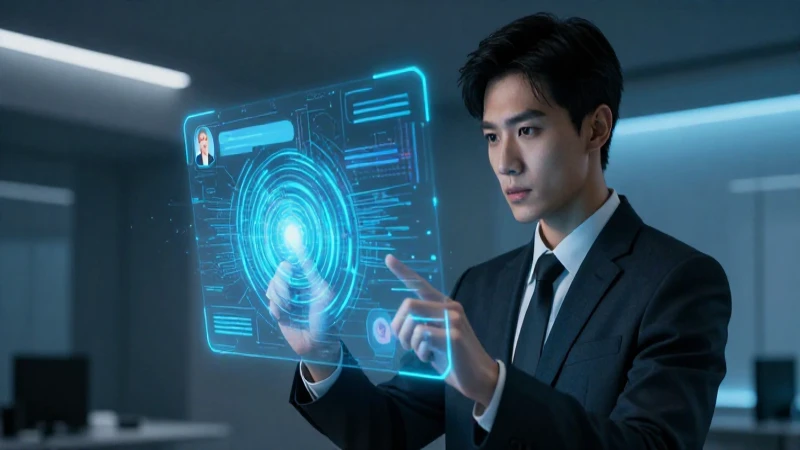 Profesional interactúa con interfaz holográfica futurista