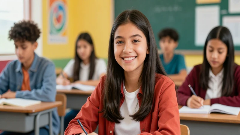 Estudiante mexicano sonriendo en un aula moderna