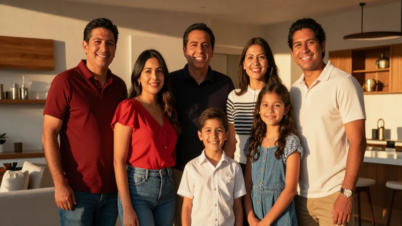 Familia mexicana diversa sonriendo al atardecer
