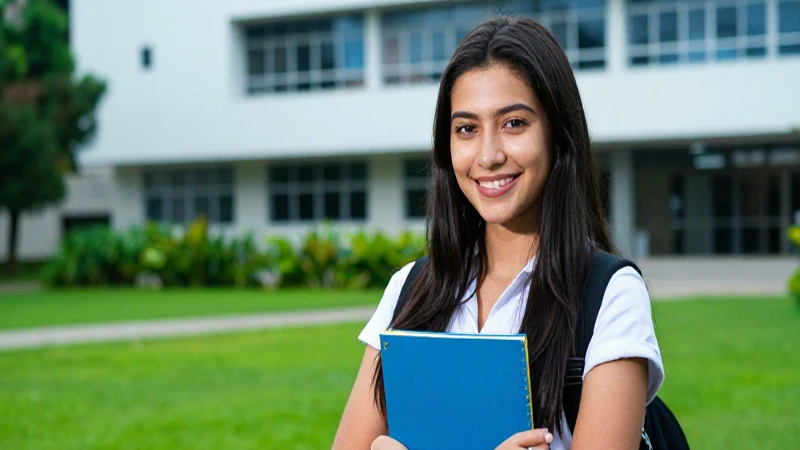 Joven estudiante mexicana sonríe con éxito en el campus