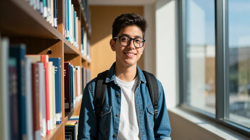Joven mexicano exitoso en biblioteca moderna