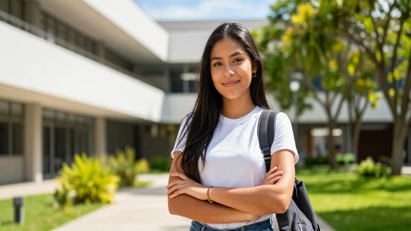 Estudiante mexicano en campus moderno y vibrante