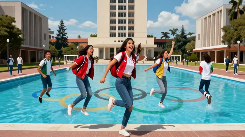 Ilustración de estudiantes mexicanos junto a una piscina olímpica moderna