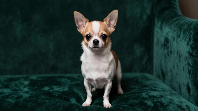 Perro chihuahua miniatura realista en terciopelo verde