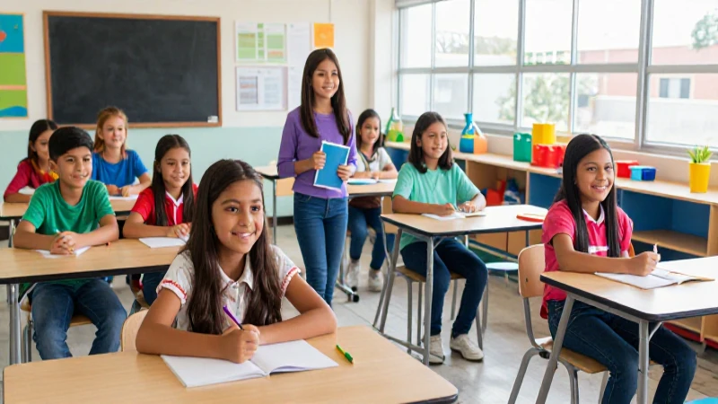Estudiantes mexicanos felices en aula moderna y colorida